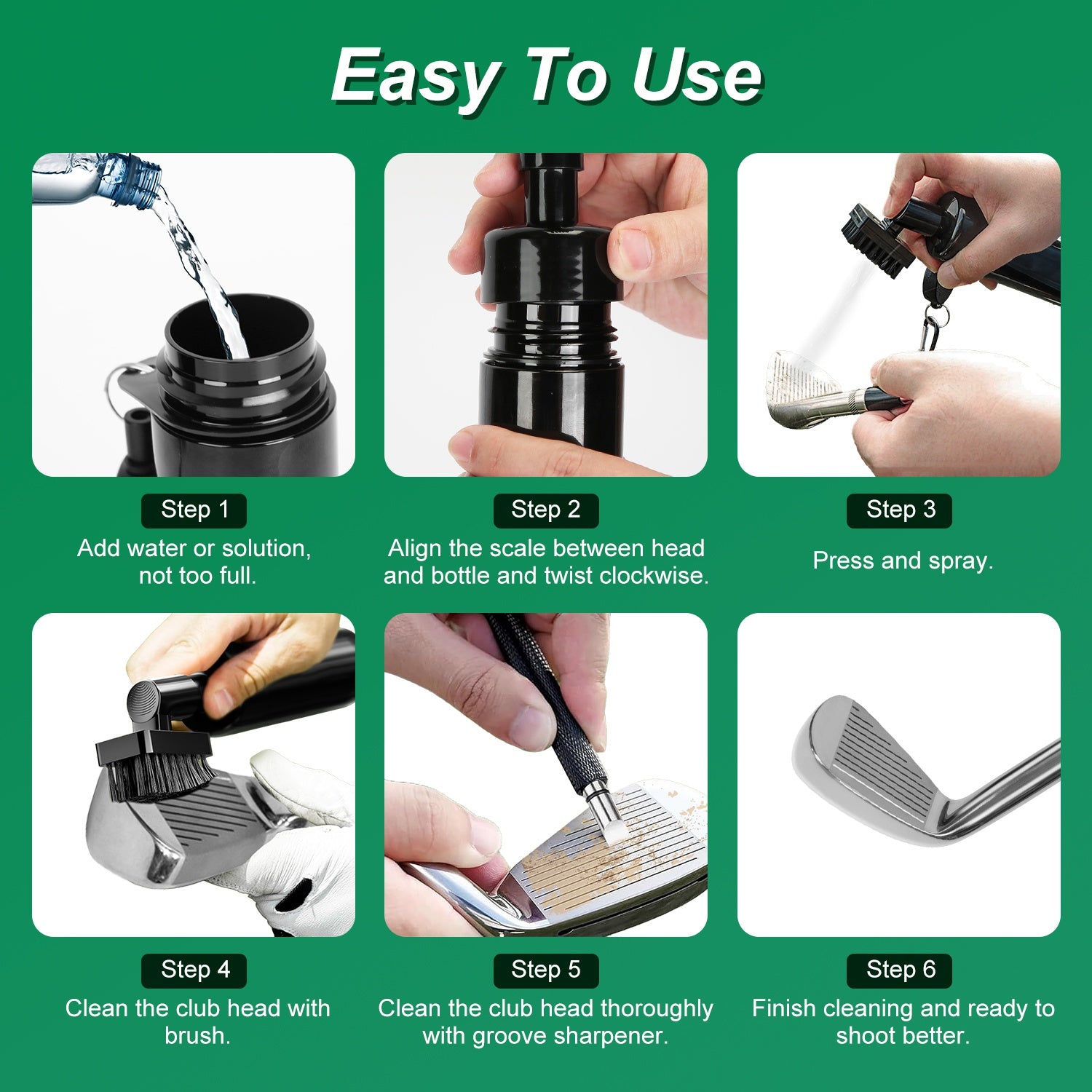 1Pc 3 In 1 Golf Club Cleaning Kit Golf Club Cleaner Brush With 5Oz Water Bottle Retractable Clip Groove Sharpener Golf Towel Gift For Golfers