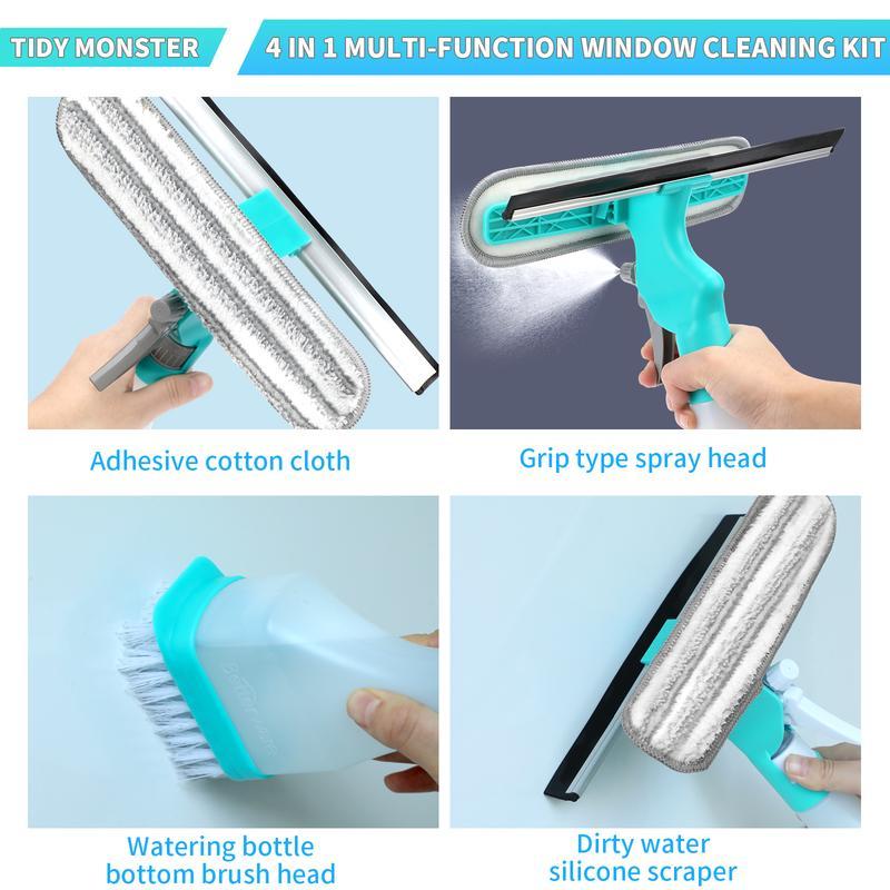 4-in-1 Glass Cleaning Brush - Manual Multi-functional Cleaning Tool With Spray, Scrubbing And Polishing Functions Ergonomic Handle Design